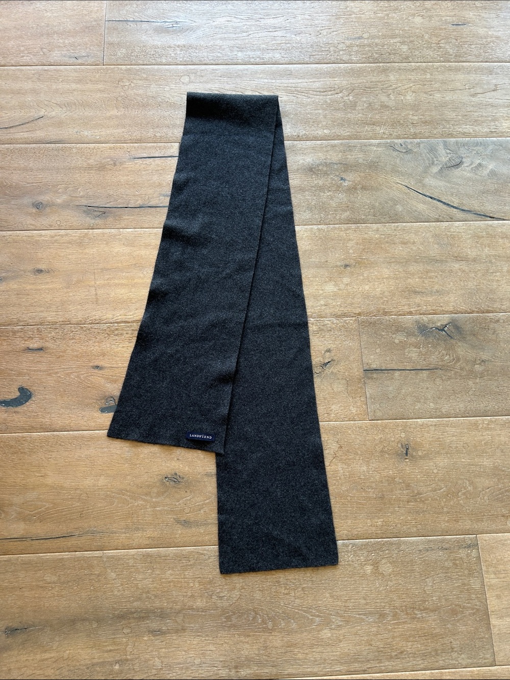 Lands' End cashmere charcoal knit scarf with navy logo tag